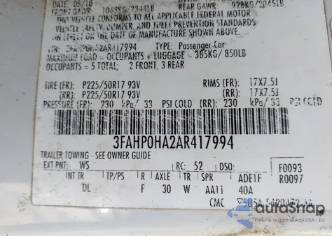 2010 Ford Fusion Se from USA, damaged, VIN 3FAHP0HA2AR417994